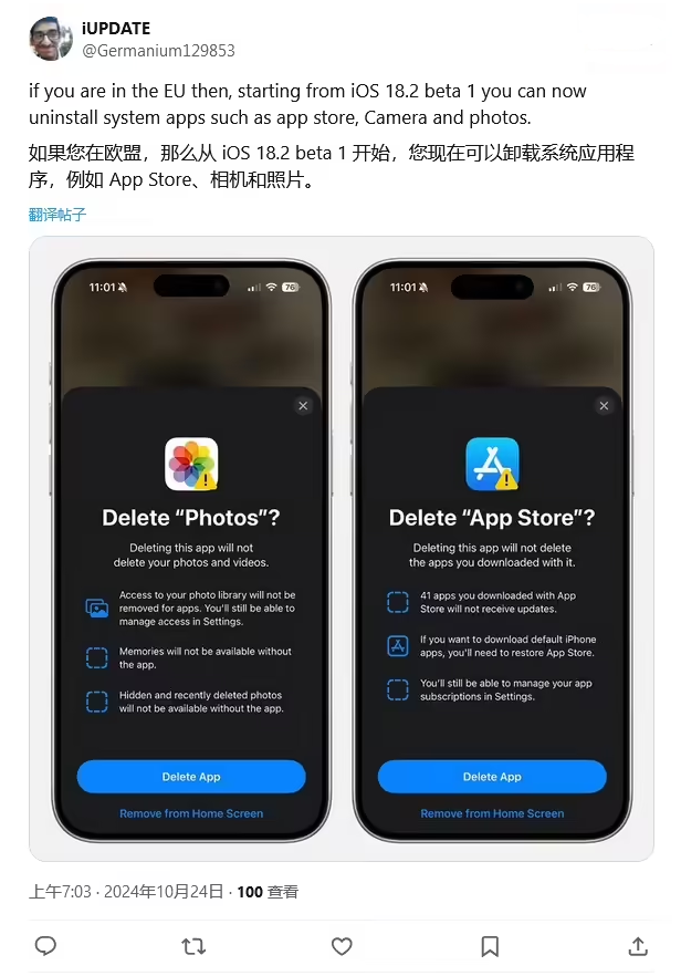 天全苹果手机维修分享iOS 18.2 支持删除 App Store 应用商店 