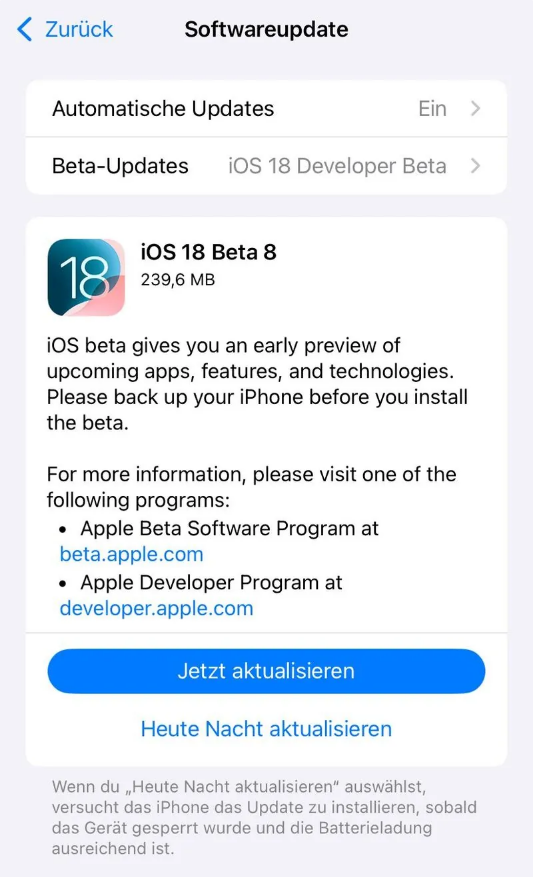 天全苹果手机维修分享苹果 iOS / iPadOS 18 开发者预览版 Beta 8 发布 